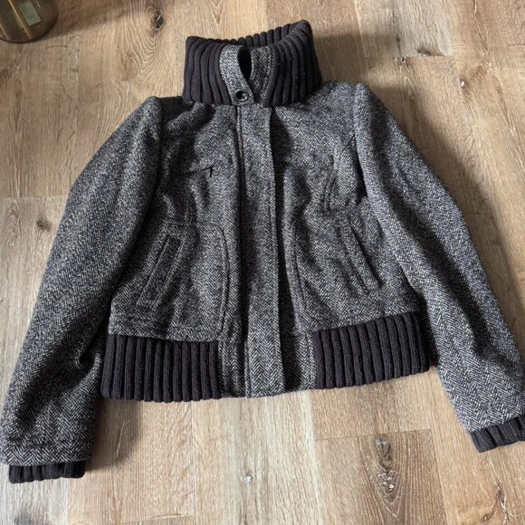 Zara Jackets & Blazers - Zara vtg chocolate brown houndstooth cocoon funnel neck wool blend coat size L